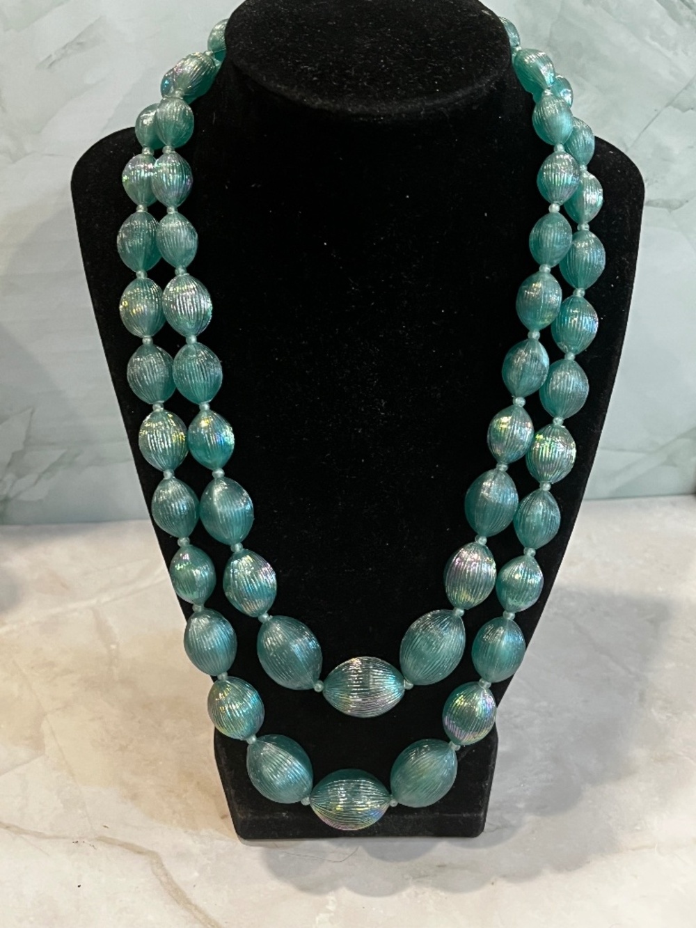 Vintage 1950's Made in Austria 2 strand green iridescent beaded necklace